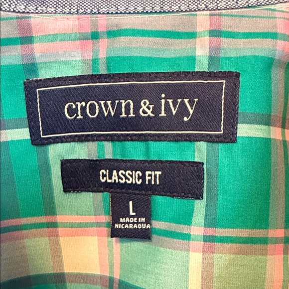 Crown & Ivy Size Large Classic Fit Teal & White Plaid Button-Down Cotton Shirt - Picture 2 of 7